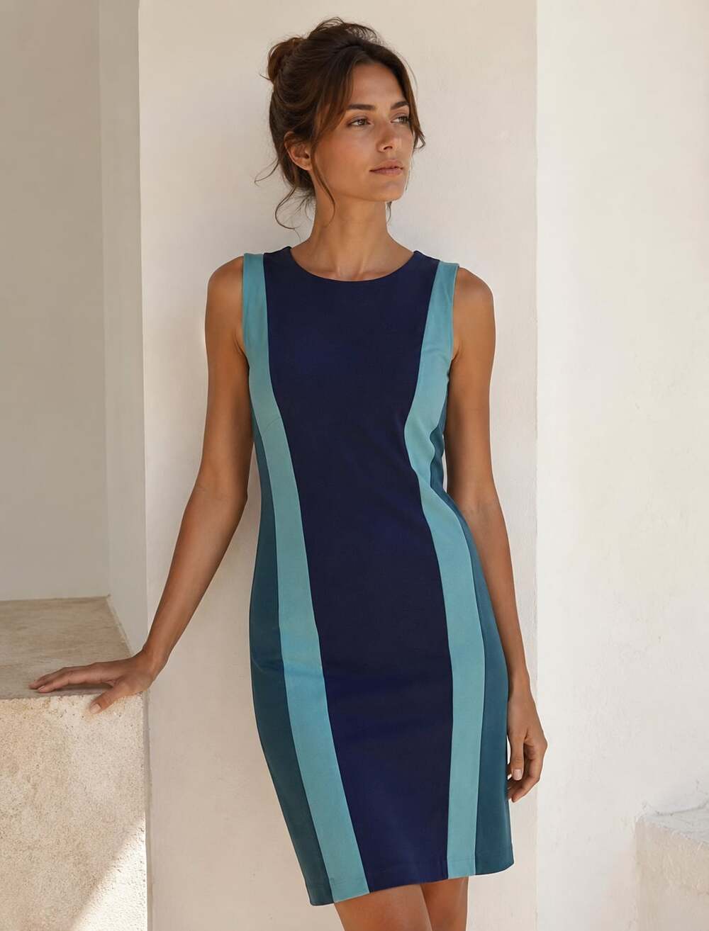 Boden Colorblock Sheath Dress Blue Teal Stretch Work Office Midi US Medium